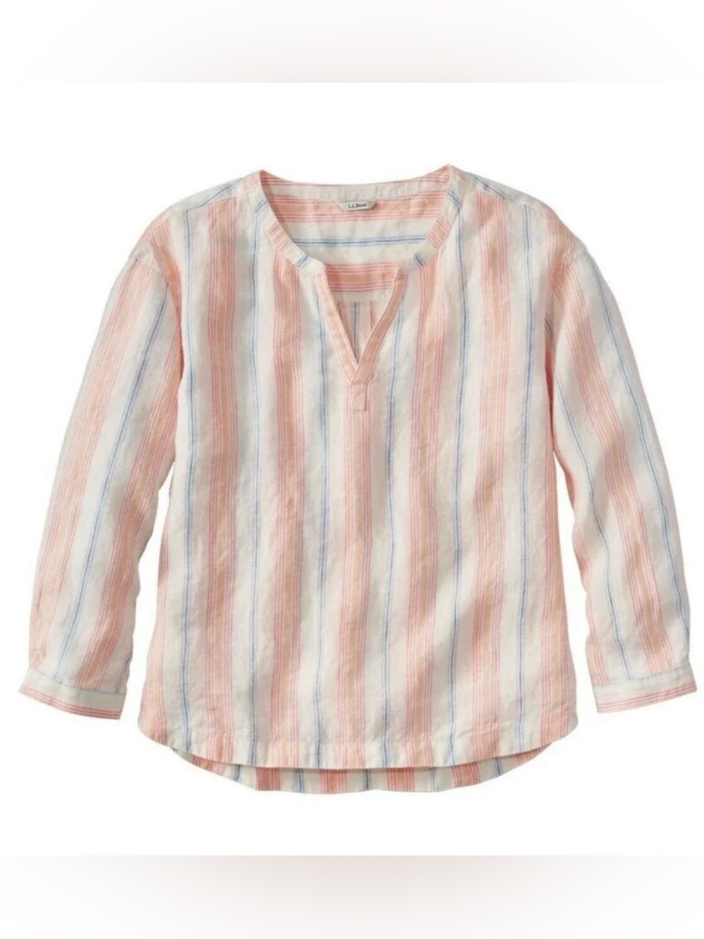 Linen L.L. Bean Peach and Blue Striped V-Neck Tunic
